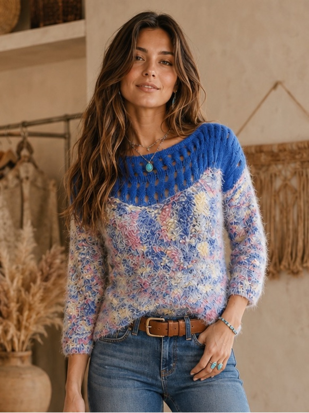 Loveriche Royal Blue Pastel Open Knit Fuzzy Soft Sweater Size L